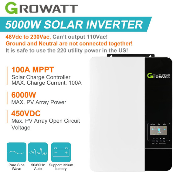 Гибридный инвертор Growatt SPF3500ES 3,5кВт 48В MPPT 80A 450V, работа без акб, изображение 7 Гибридный инвертор Growatt SPF3500ES 3,5кВт 48В MPPT 80A 450V, работа без акб, изображение 7